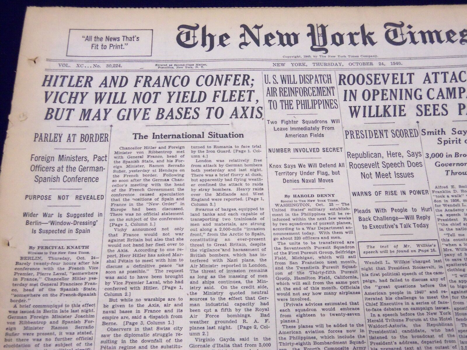 1940 OCTOBER 24 NEW YORK TIMES - HITLER AND FRANCO CONFER - NT 319