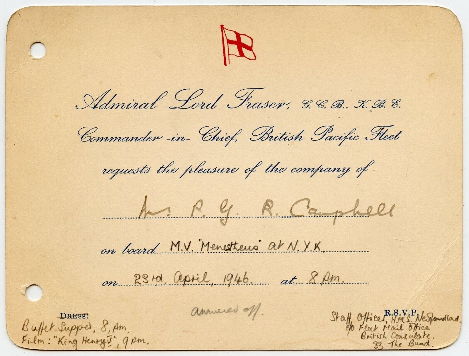 British Navy Admiral Lord Fraser invitation to Canada Consul Shanghai China 1946