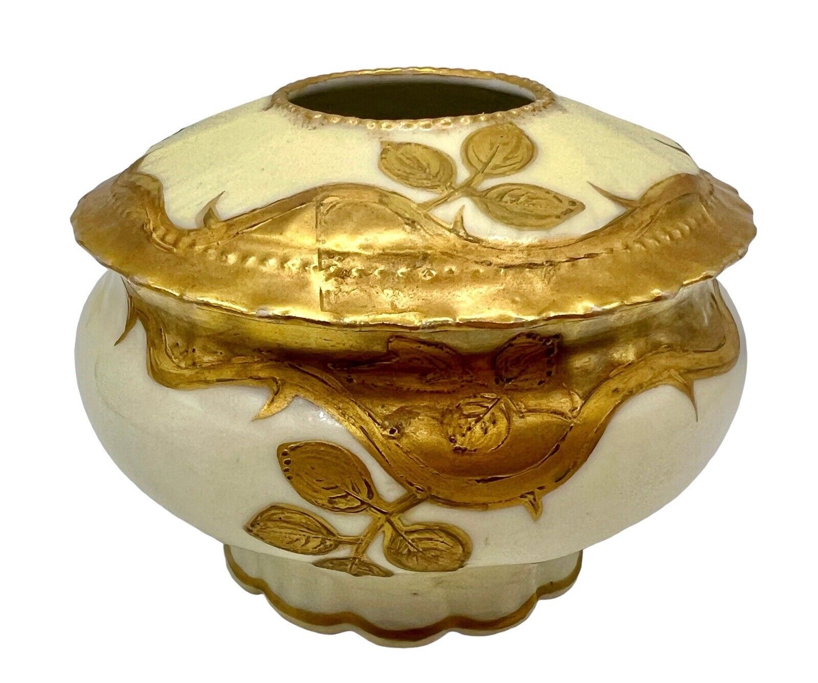 Antique Elite Limoges Porcelain Off White Gold Gilt Hair Receiver 3 x 4 inches