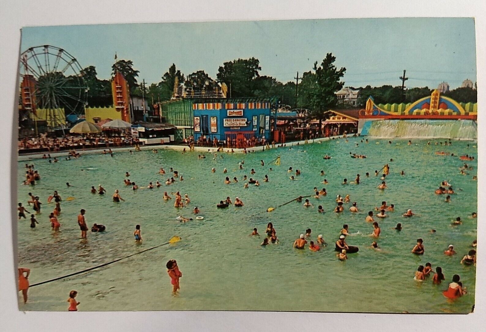 Palisades Park Postcard NJ Pool Budweiser Sign Ferris Wheel Defunct Amusement
