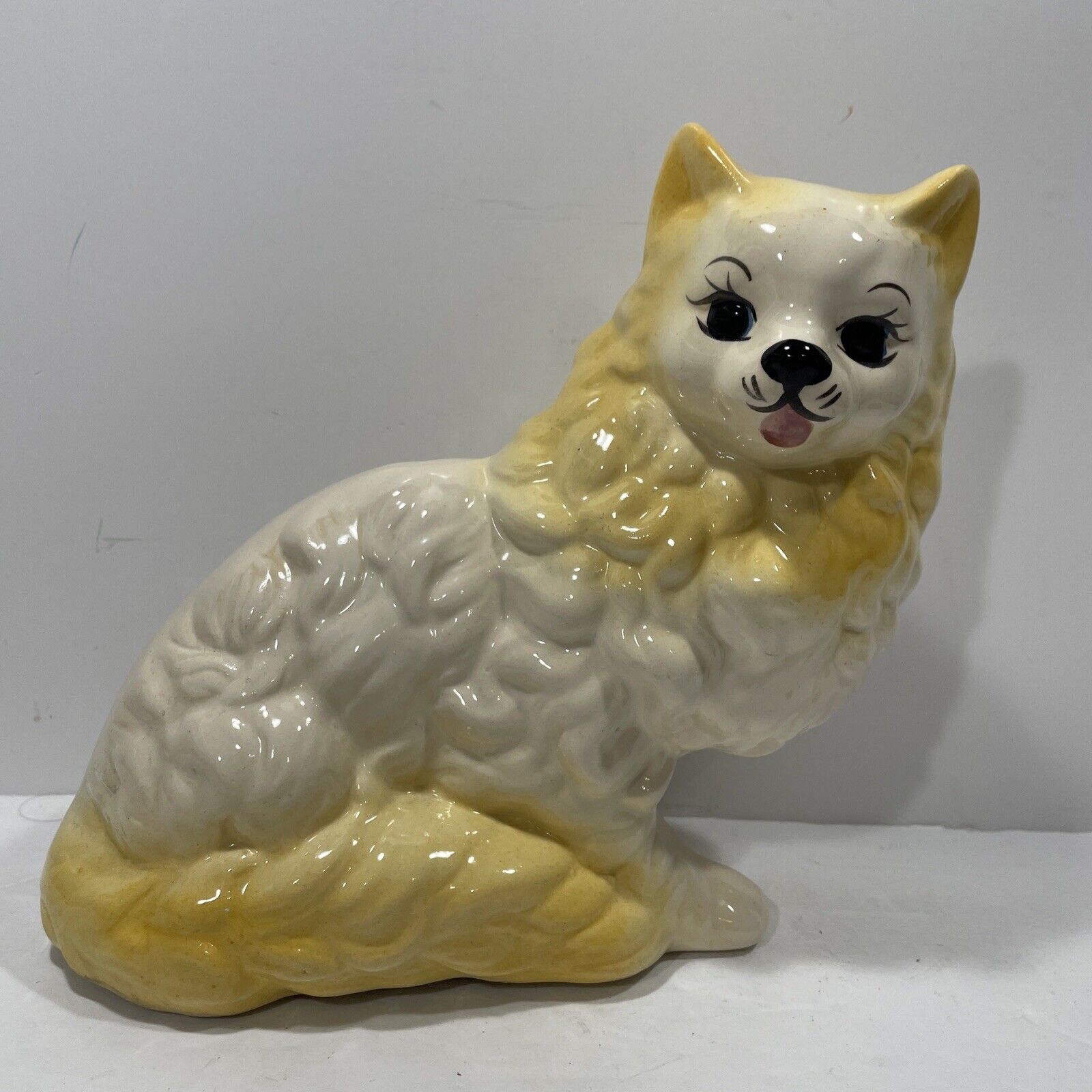 Long Haired Cat Figurine MCM 7.5”H White & Lemon Yellow Ceramic Statue Vintage