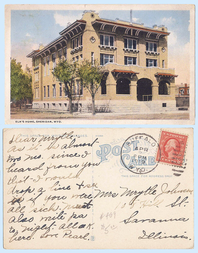 Elks Home Sheridan Wyoming 1919 Architecture Building Postcard