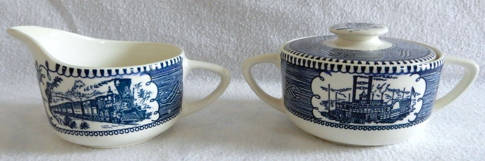 Vintage Currier & Ives Blue & White Royal China Handled Sugar with Lid & Creamer