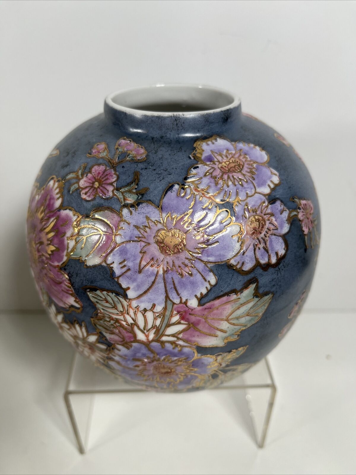 VTG Oriental Porcelain Blue With Pink Floral Vase Stamped China Gold Accents