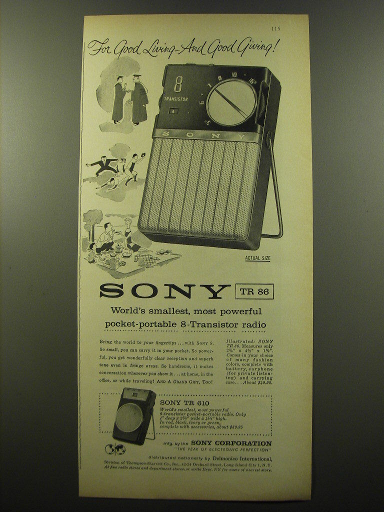 1959 Sony TR 86 and TR 610 Radios Ad - For good living - and good giving