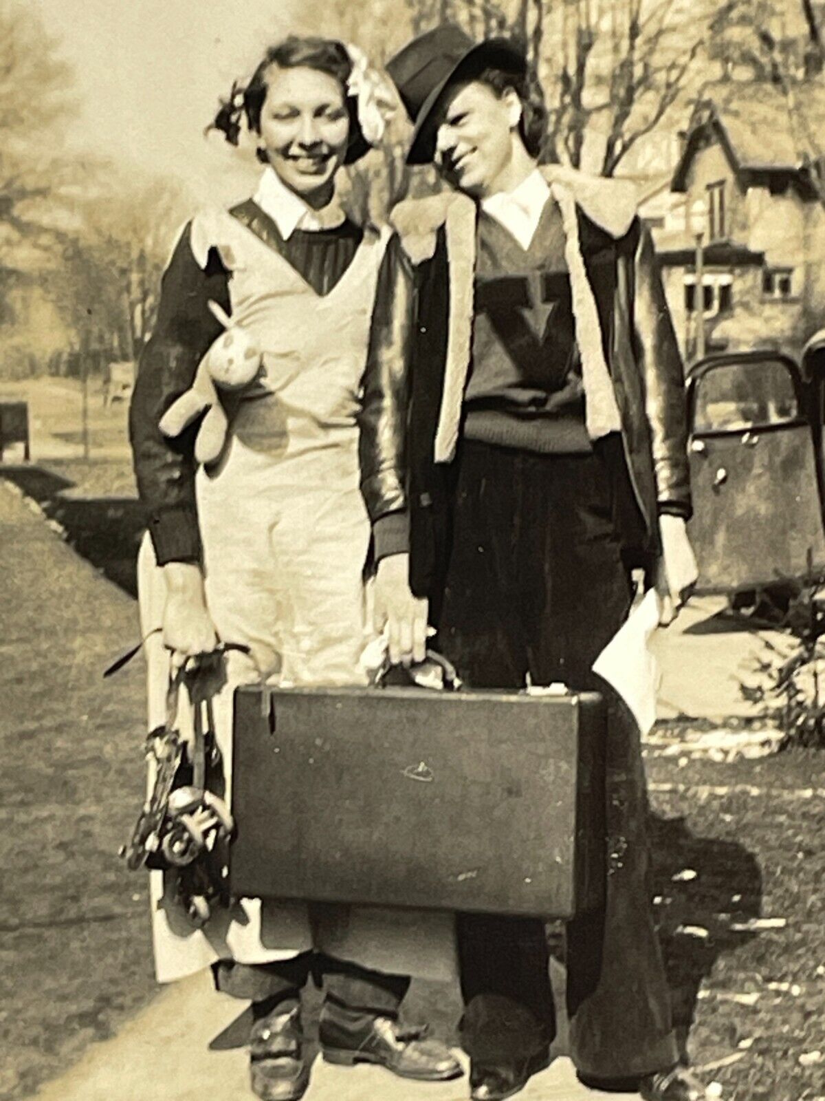 SA Photograph Women Dressed Up Costumes Suitcases Luggage 