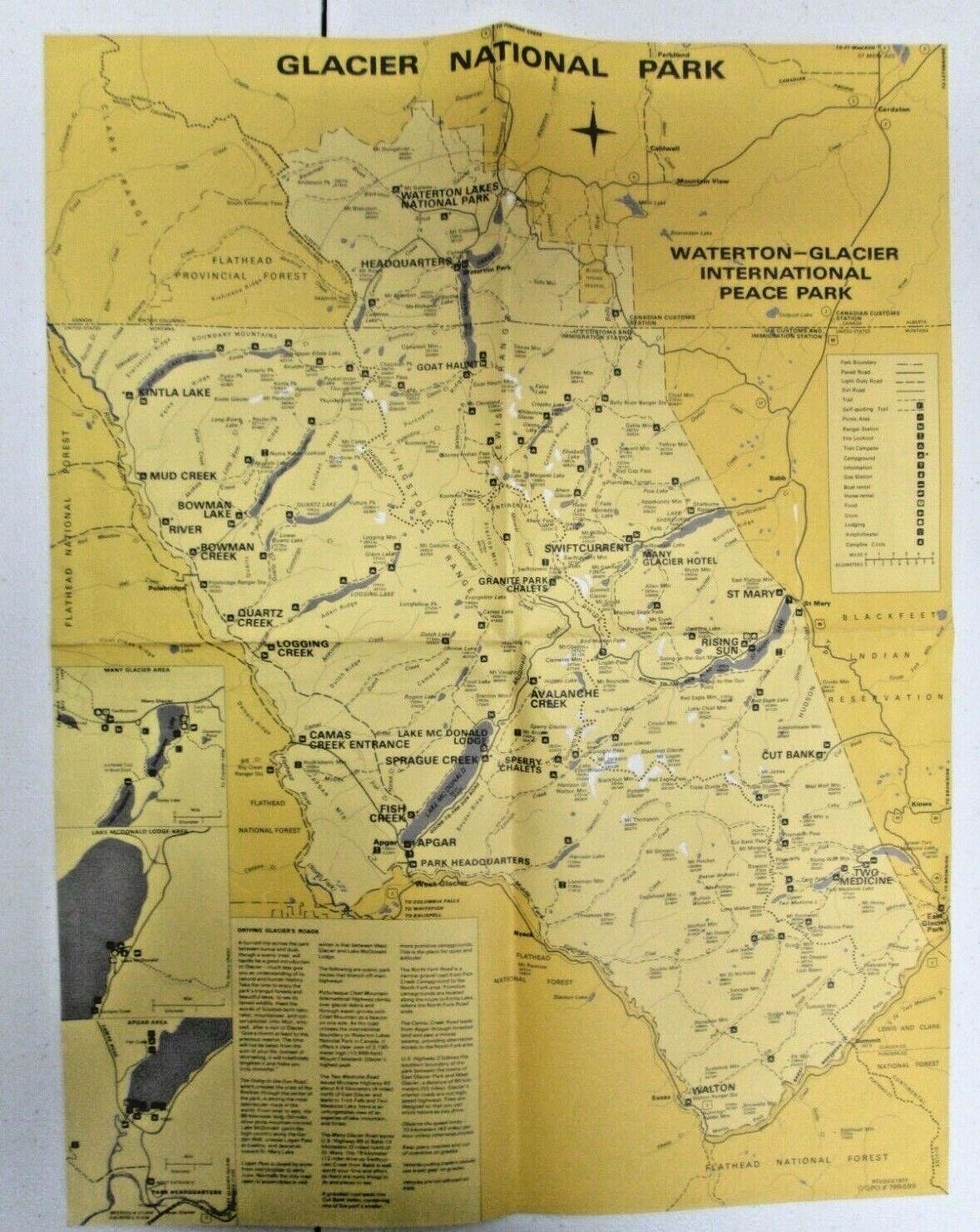 Vintage 1977 Waterton Glacier International Peace Park Map Glacier National