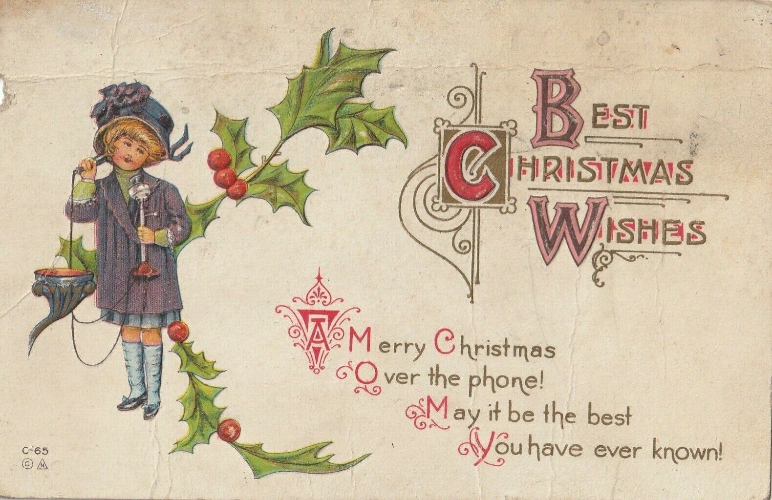 POSTCARD - VINTAGE CHRISTMAS - EMBOSSED - OLD FASHIONED TELEPHONE