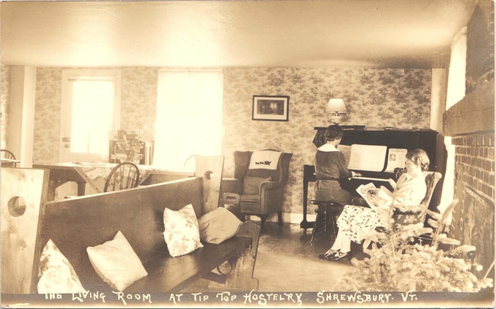 SHREWSBURY VERMONT TIP TOP HOSTELRY photo postcard rppc vt living room piano