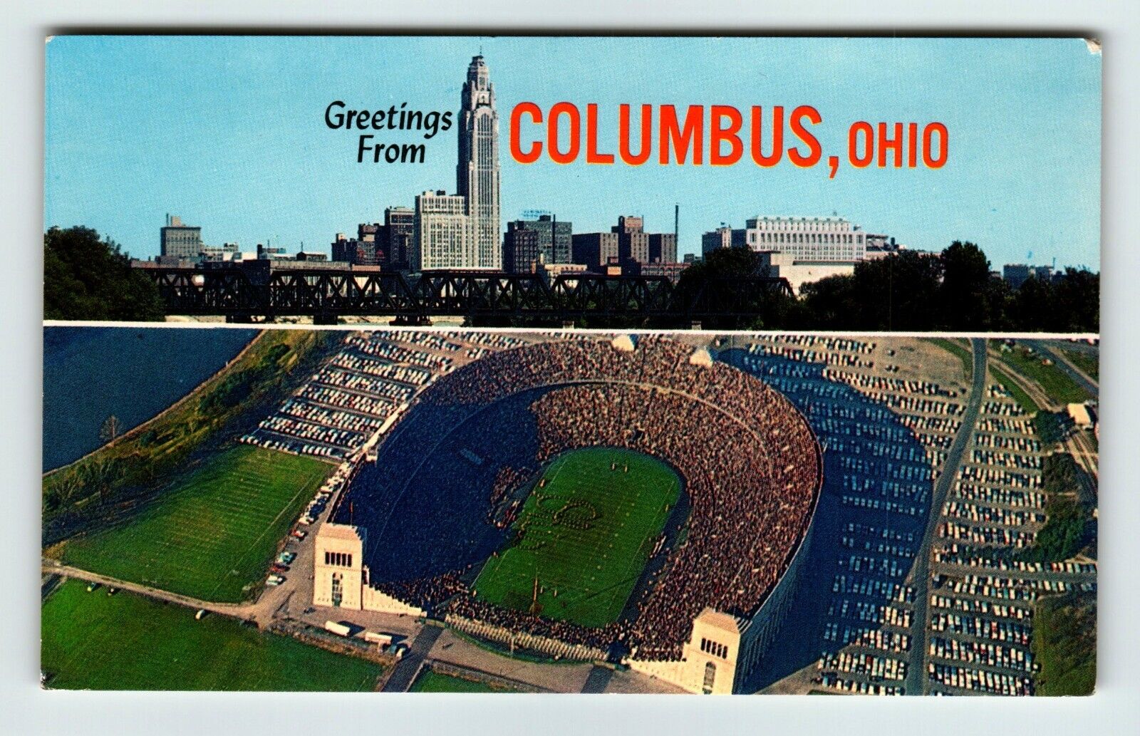 Postcard OH Greetings From Columbus Ohio Cityscape Horseshoe Stadium Aerial View