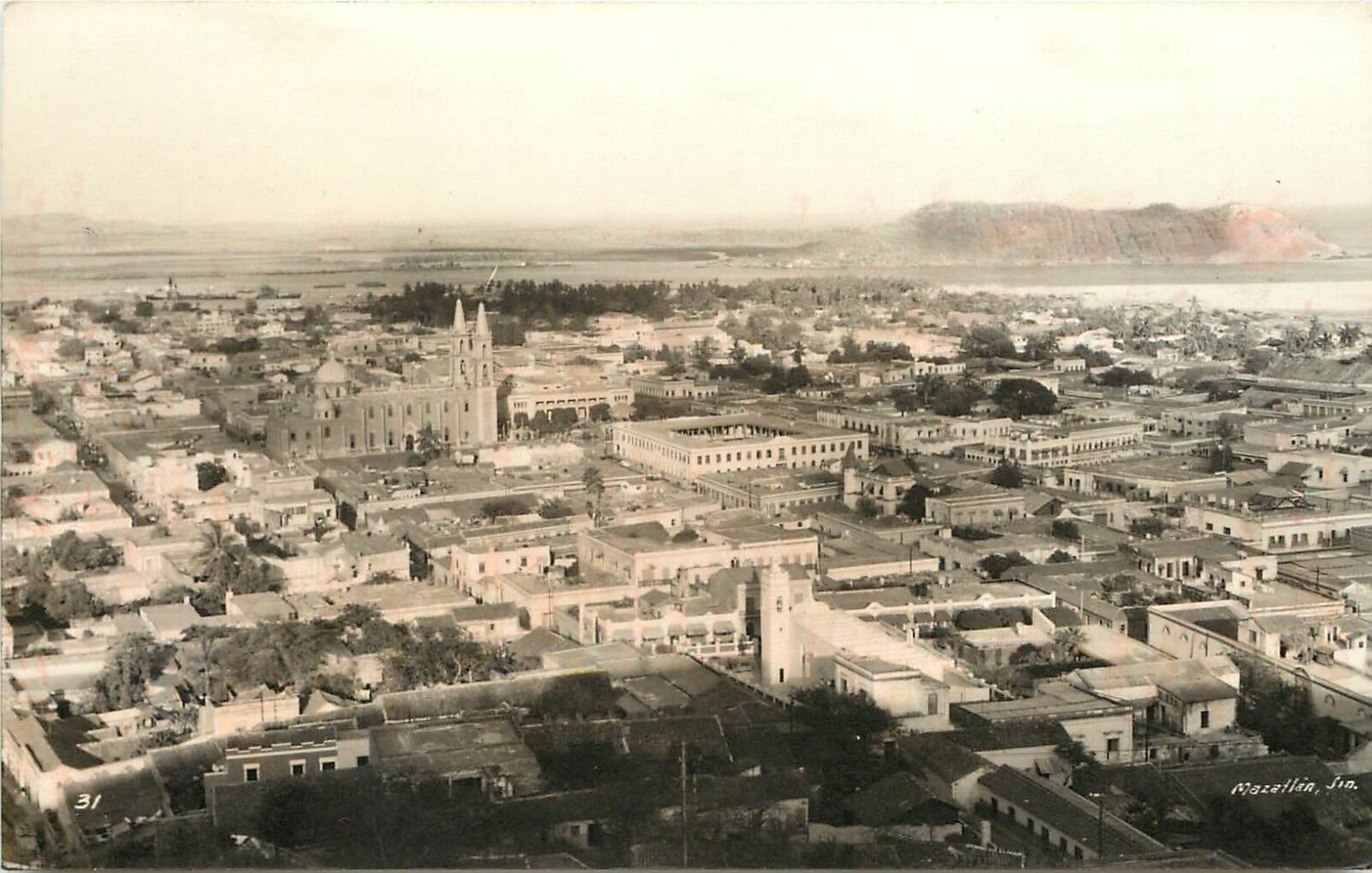 Hand-Colored RPPC Postcard Air View Mazatlán Sinaloa Mexico Posted c1940s