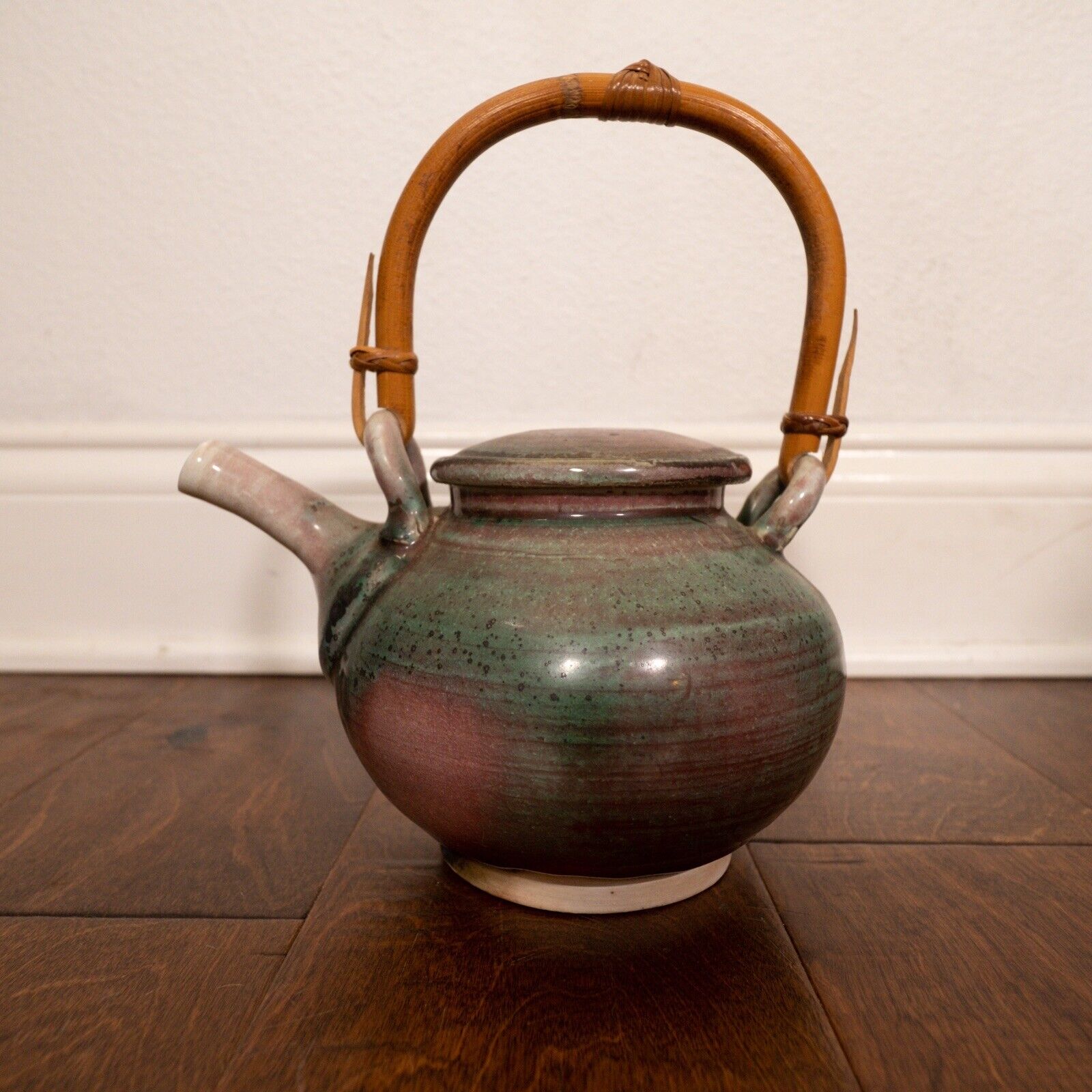 Handmade Boho Style Wicker Handle Ceramic Teapot