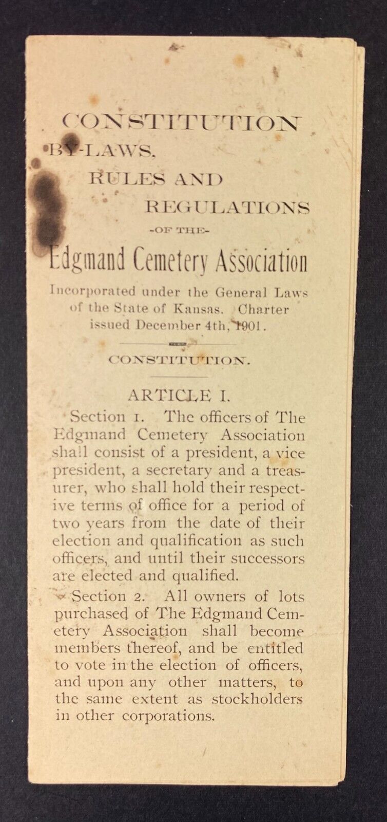 1901 Egmand, Kansas Cemetery Association Constitution, Bi-Laws, Rule, & Regs