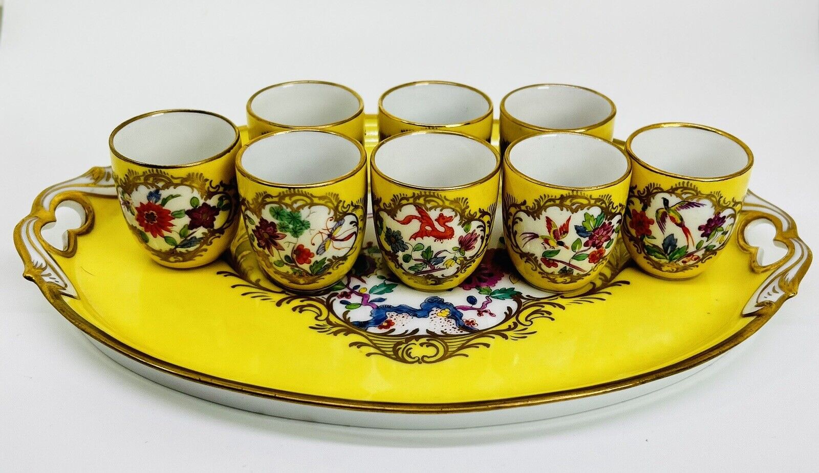 Antique Saves? Porcelain Tray & Cups Set Yellow Gold Trim Bird Flower Oval Rare