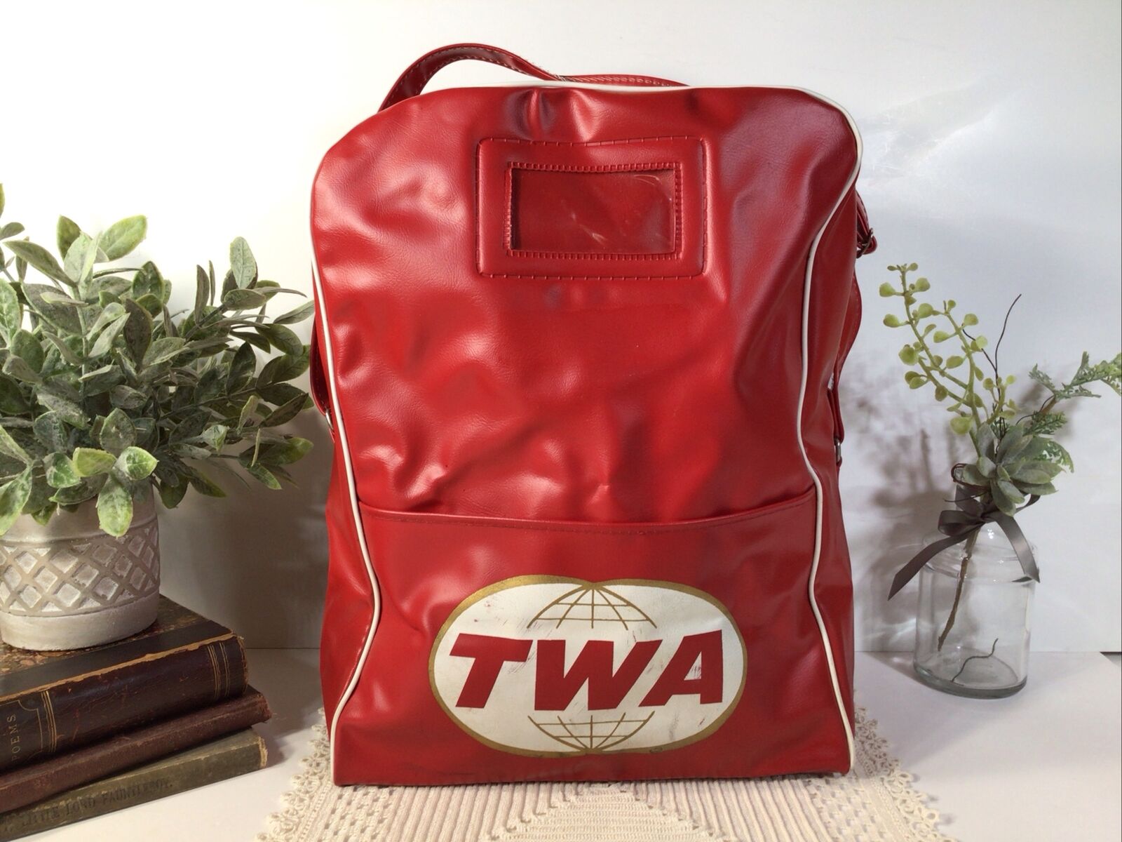 Vintage TWA Airlines Travel Bag~Zip~Red/White Logo~FREE SHIPPING 