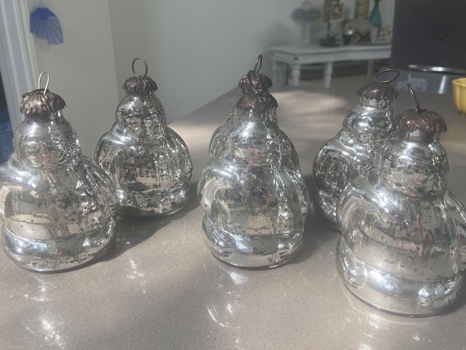 6 Vintage Blown Silver Glass Victorian Santa Christmas Ornament Lot Kugel?
