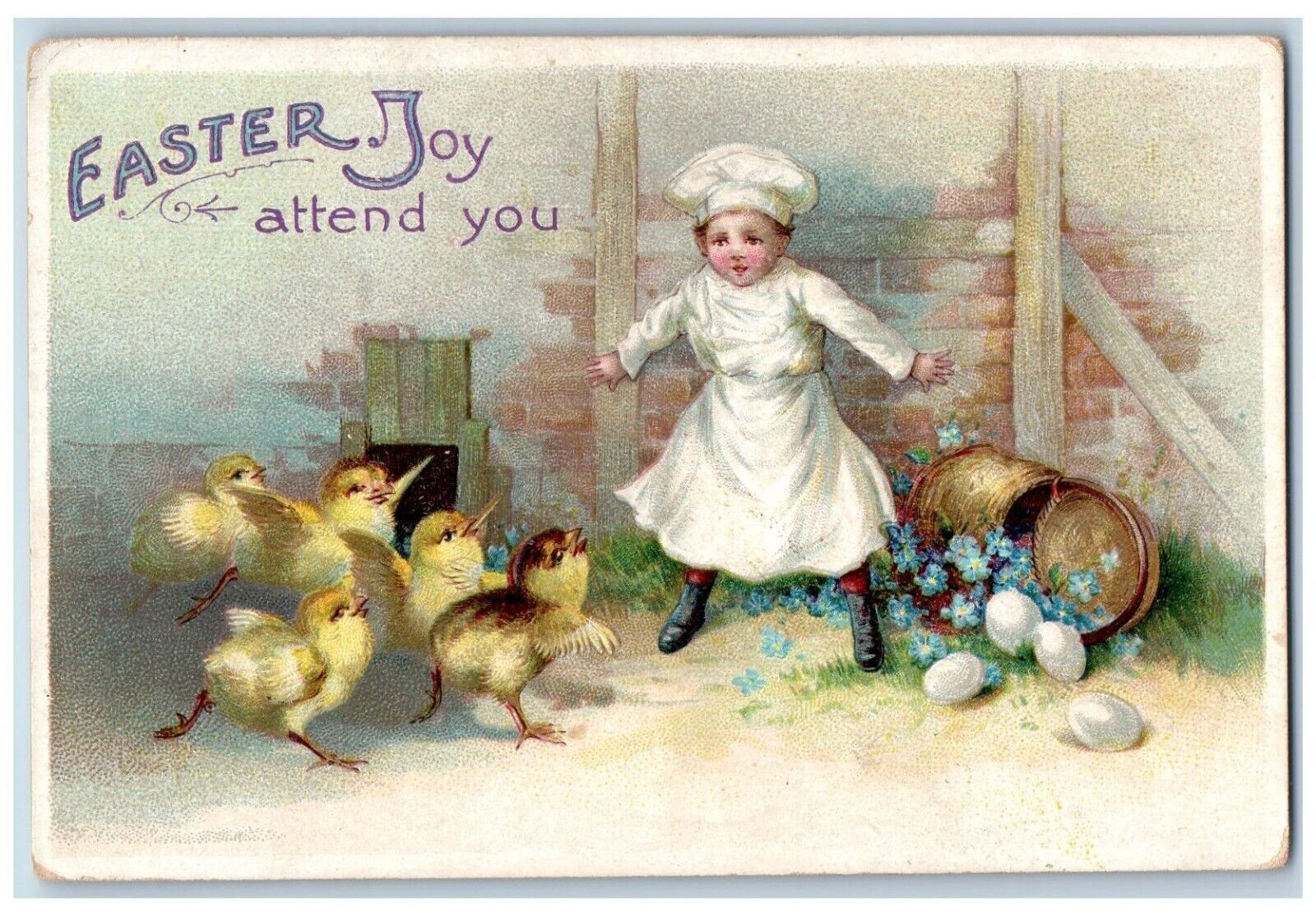 Rushford MN Postcard Easter Boy Baby Chicks Eggs Flowers Basket Clapsaddle
