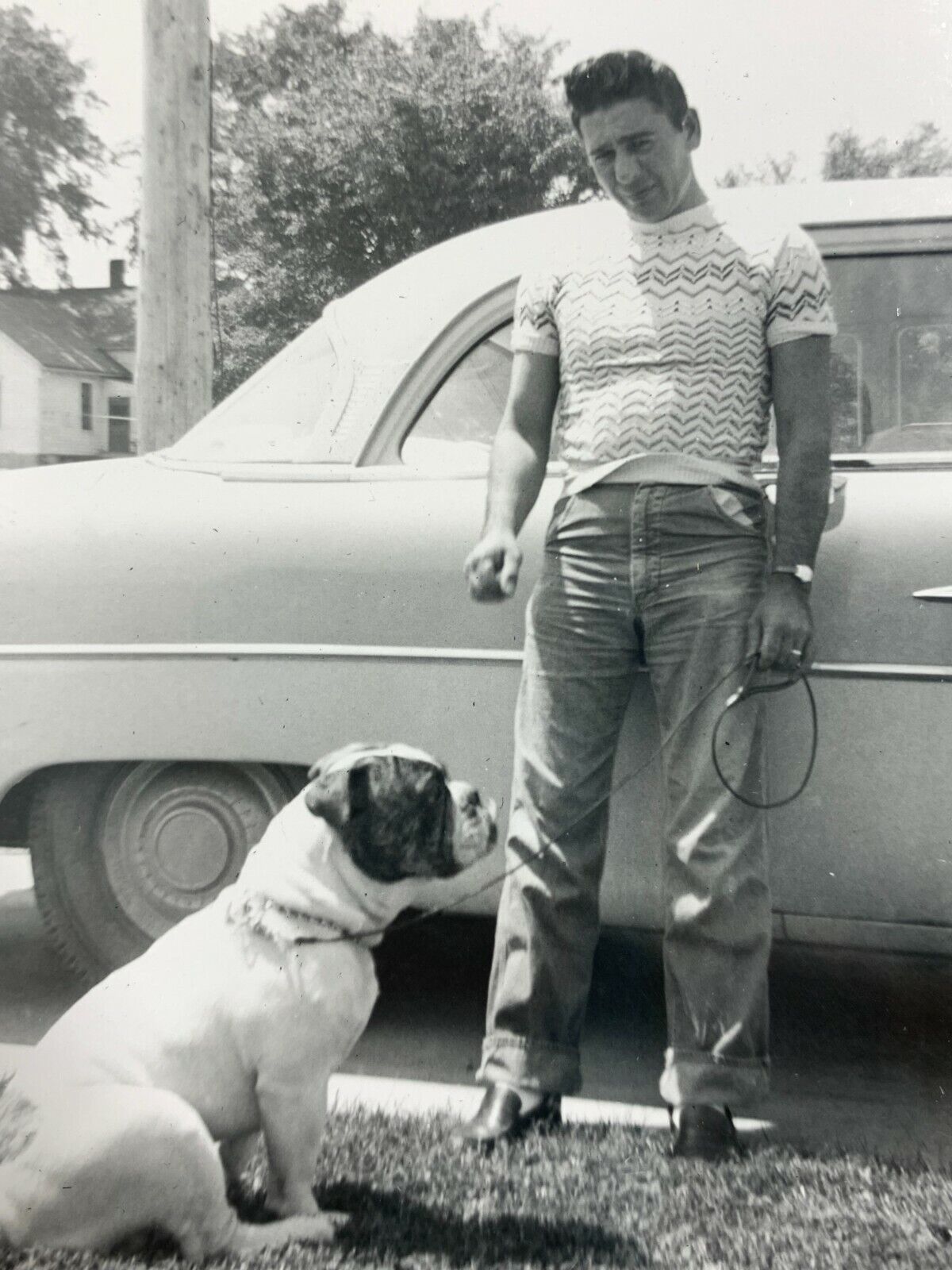 E8 Found Photograph 1955 Handsome Greaser Man Levis Jeans Bulldog Car Artistic