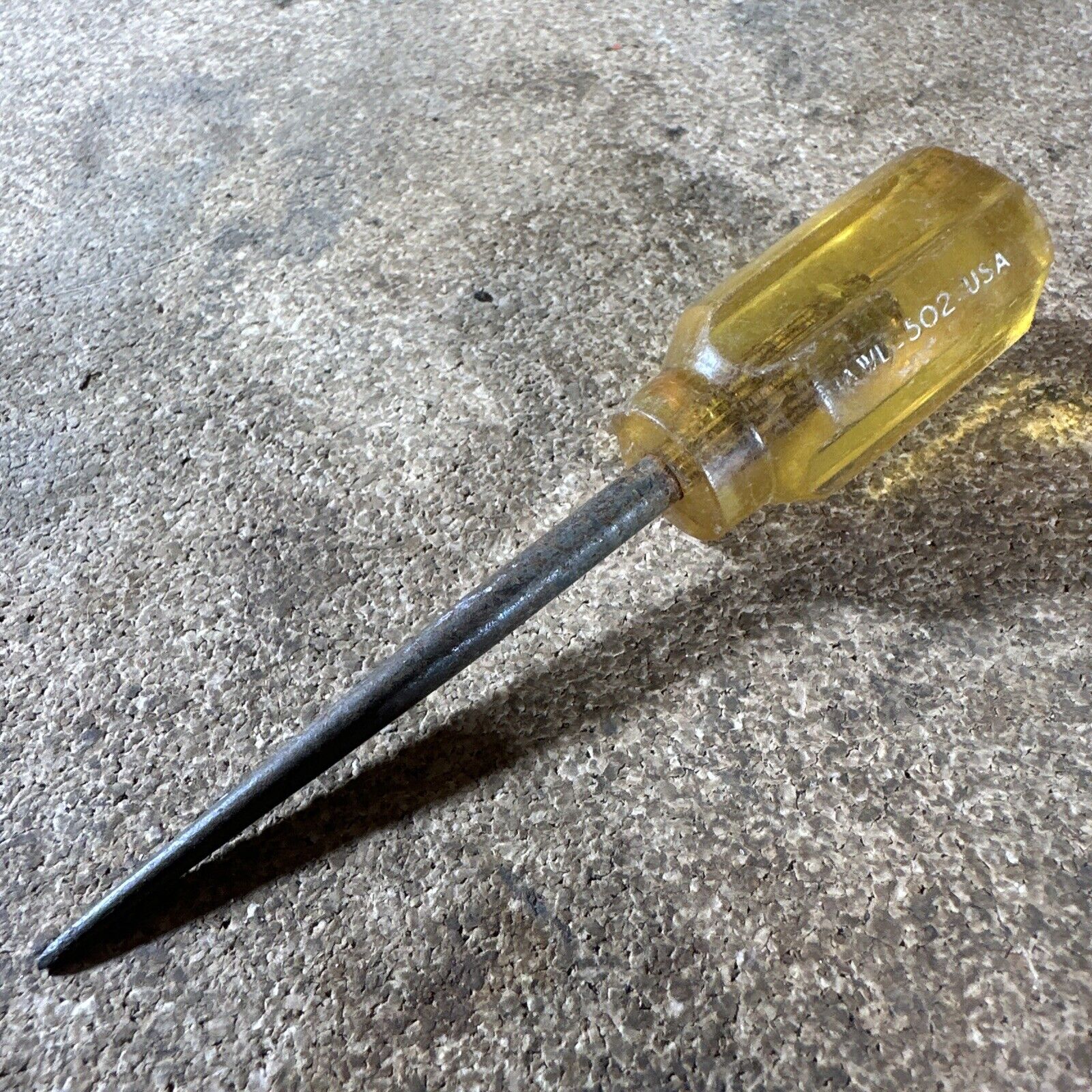 Vintage USA Made Tool Scratch Awl W/ Acetate Yellow Handle No. 502