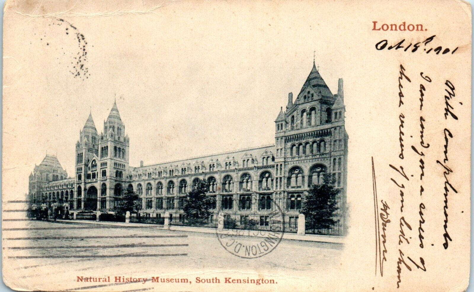 Natural History Museum, South Kensington England UDB Postcard Postmarked 1901