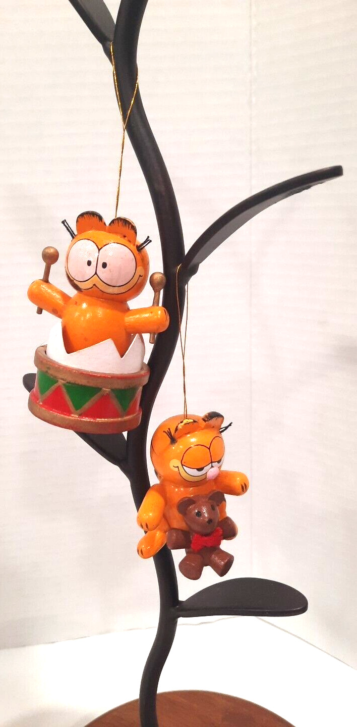 Vintage 1981 Dakin Garfield Cat Wood Ornaments Lot 2 Drum and Teddy Christmas