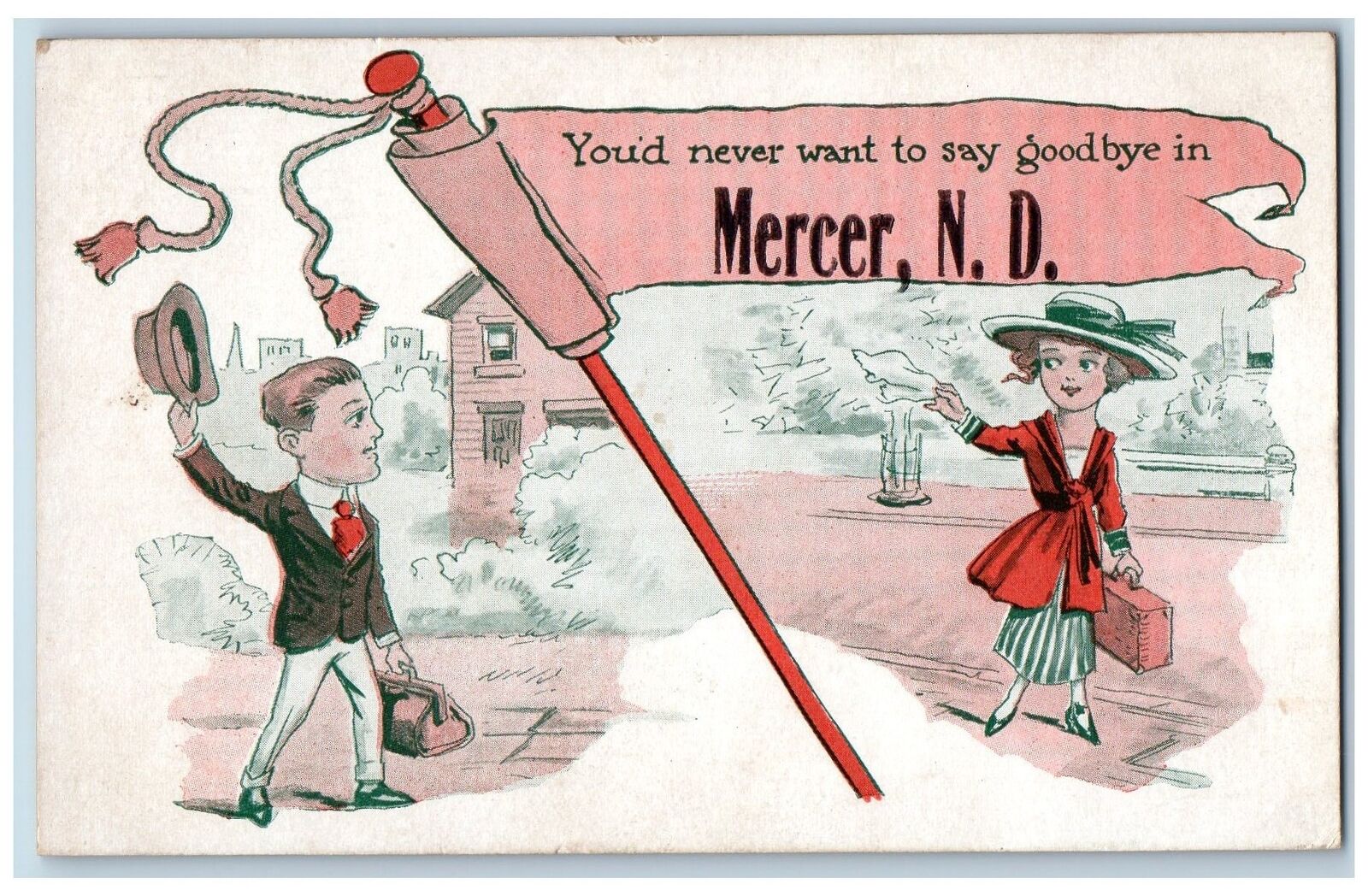 Mercer North Dakota ND Postcard You'd Never Want To Say Goodbye 1908 Antique