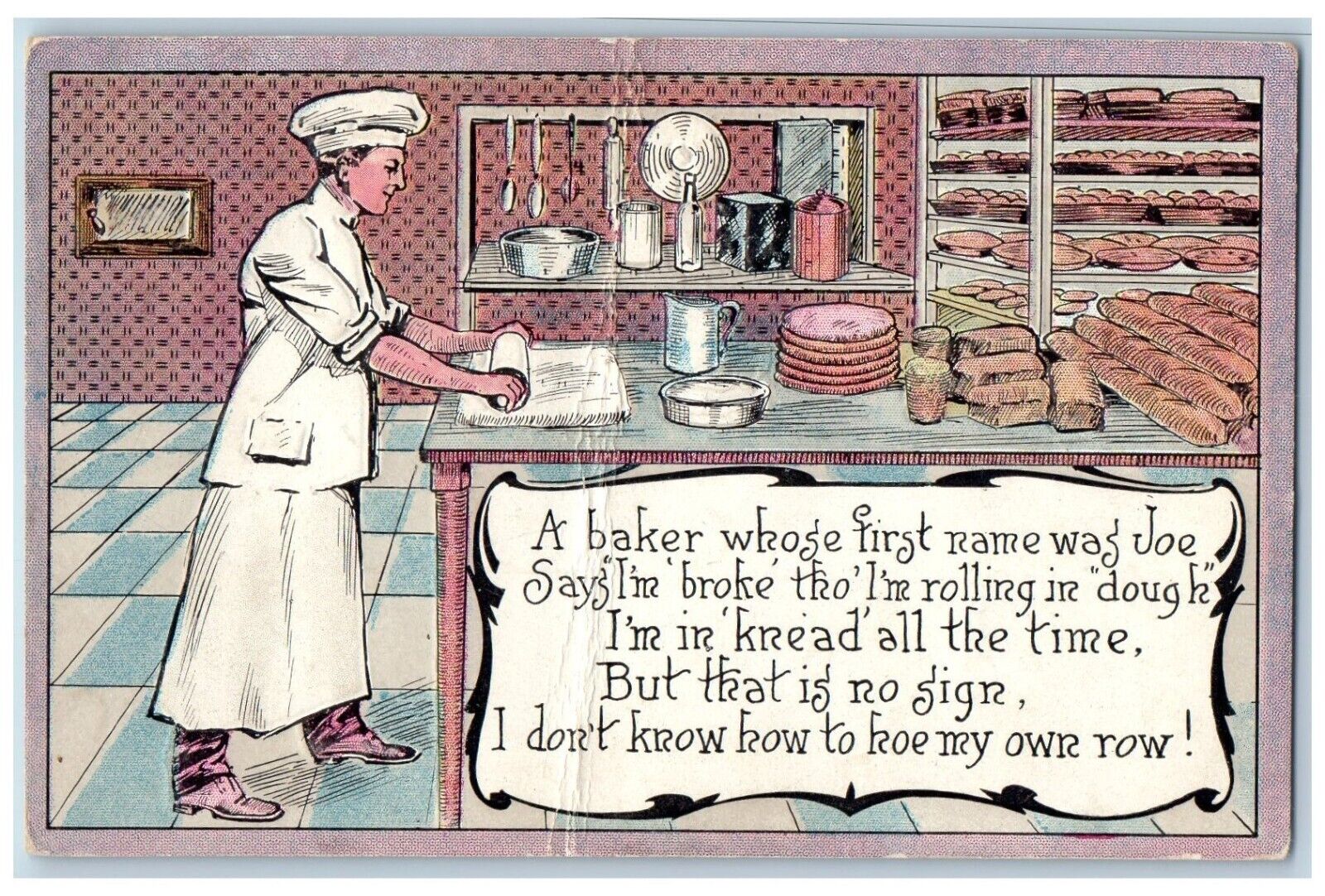 Kalispell Montana MT Postcard Man Baker Rolling In Dough Embossed 1908 Antique