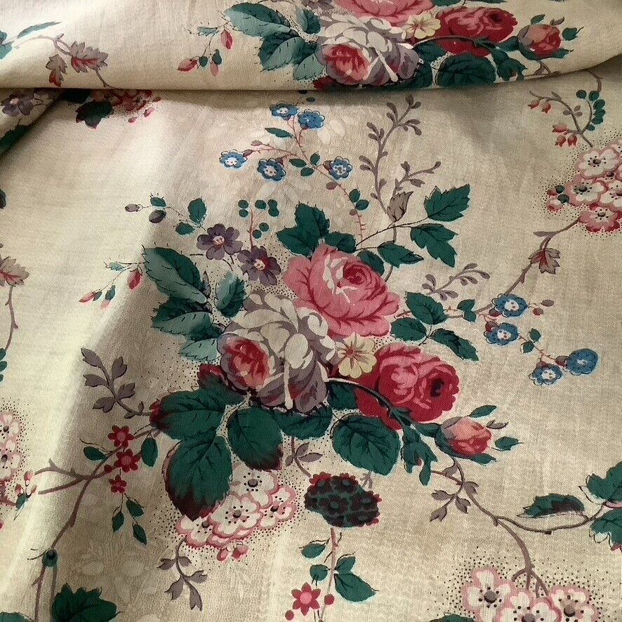 Antique French / English Fabric RARE Floral Chintz Block Printed Early 19th C