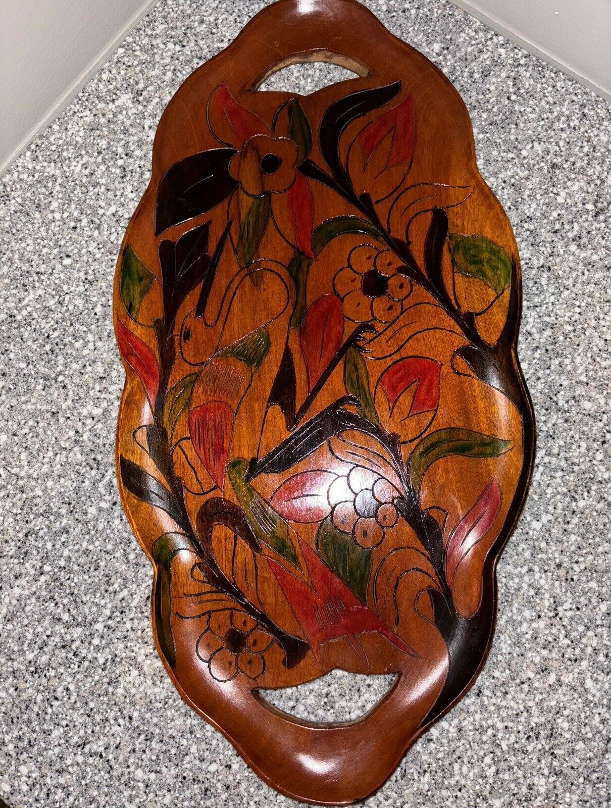 Vintage Caribbean Wood Carved Hand Colored Serving Tray Flowers And Bird 21”