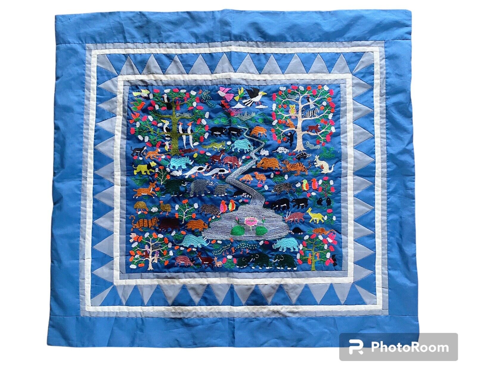 Hmong Lao Embroidery Story Cloth Fabric Needlework Hand-Stitch Folk Art Vintage