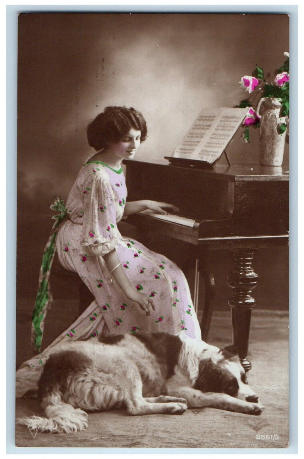 c1910's Woman Dress Playing Piano Flower Vase Dog Prussia RPPC Photo Postcard