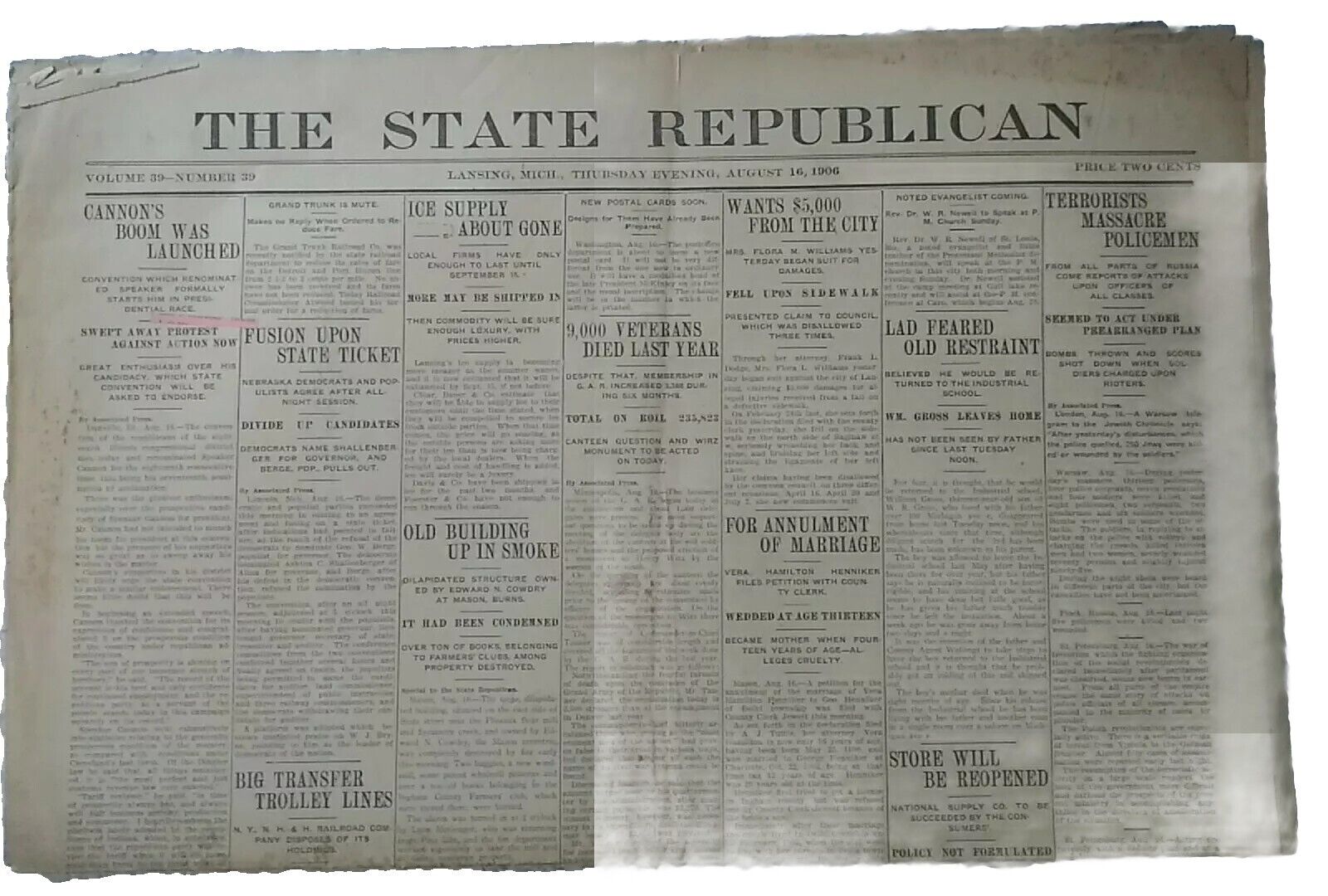 Lansing MICHIGAN The State Republican August 16 1906 Newspaper 8 Pgs.