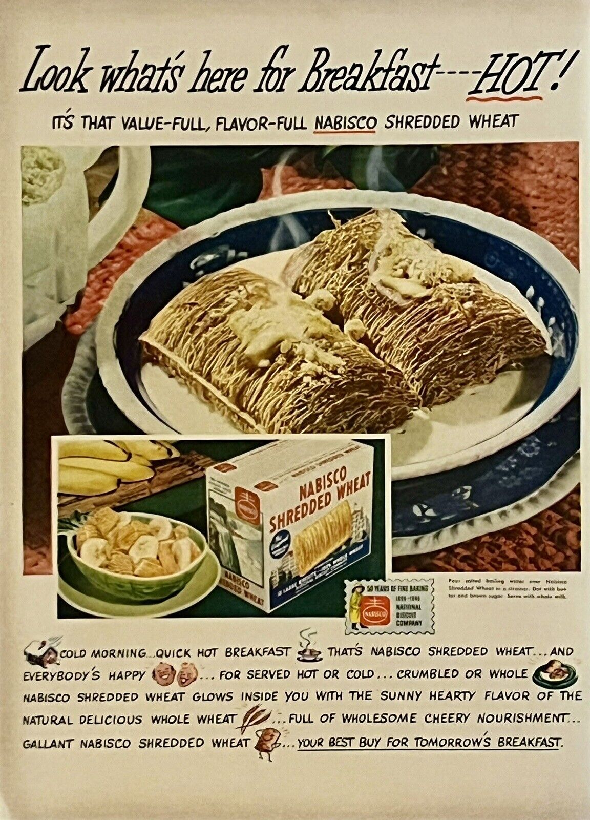 1948 Vtg Print Ad Nabisco Shredded Wheat Retro Kitchen Wall Art Decor MCM Home