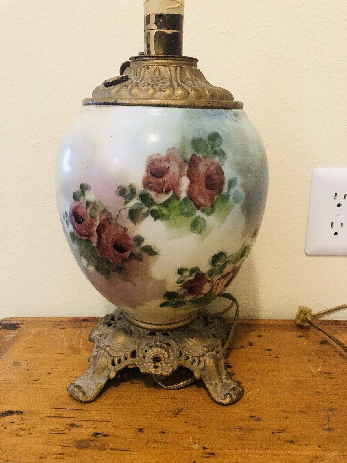 Vintage Hurricane GONE WITH THE WIND Parlor Table Lamp BASE Hand Painted 16”