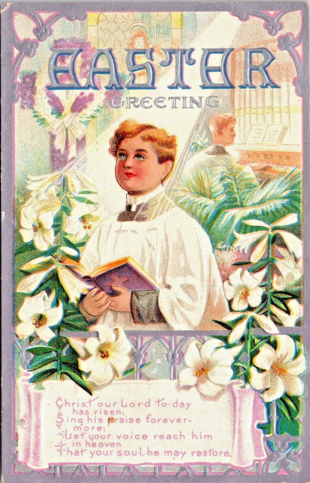Easter Greetings Blond Choir Boy Church Organ Lillies Silver Gilded WOB (Z397)