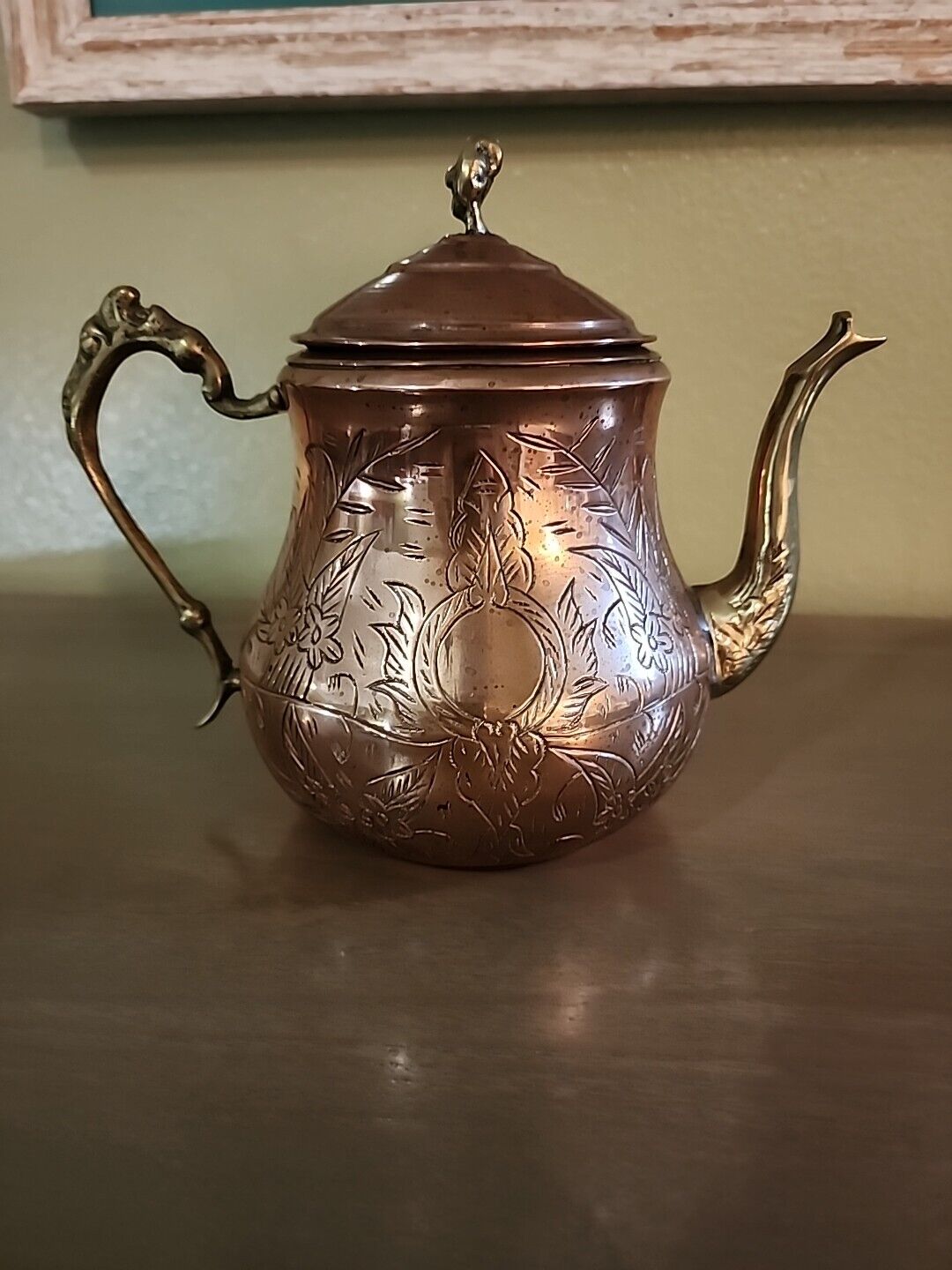Vintage Etched Copper and Brass Tea Kettle
