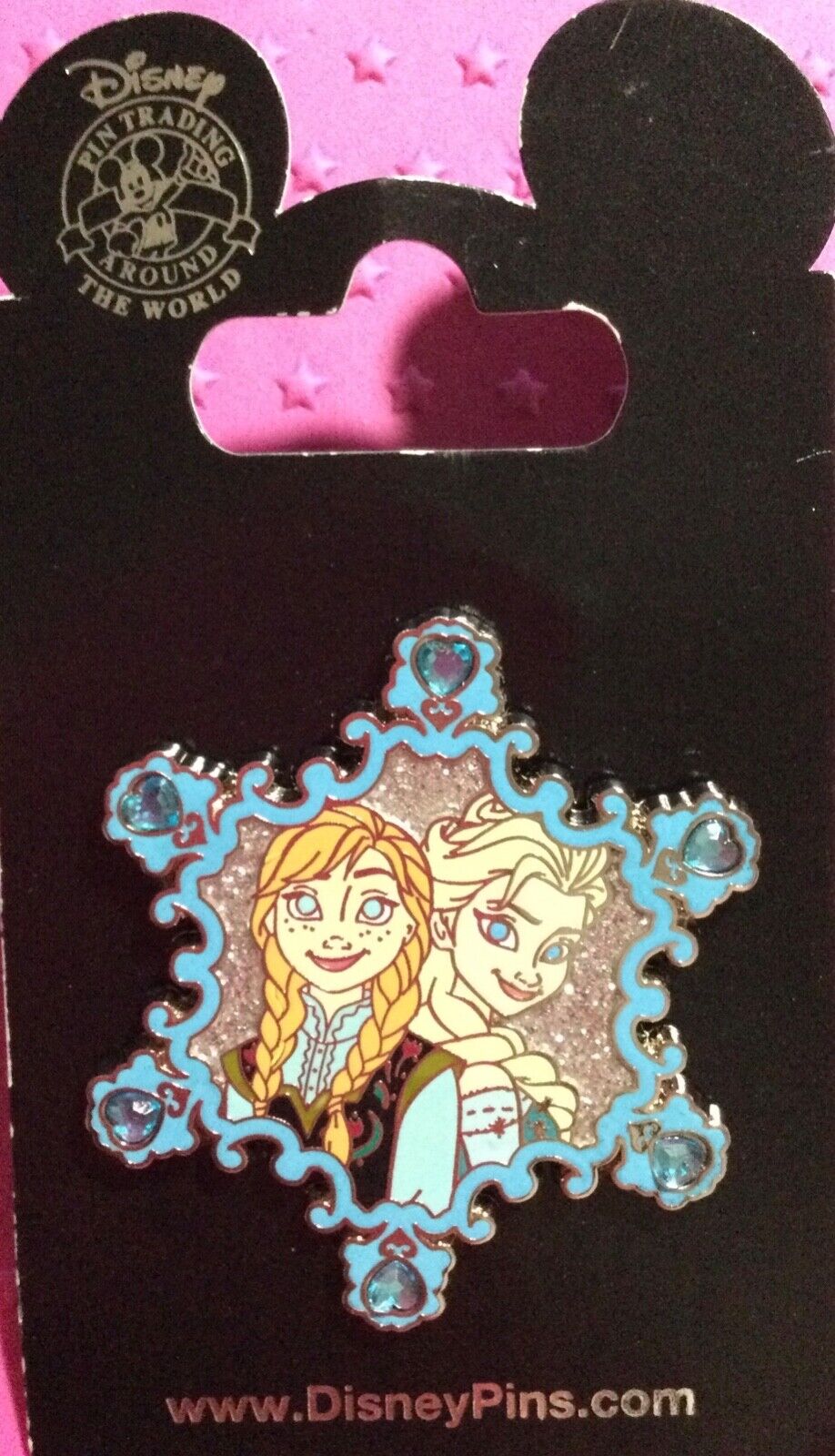 Disney Frozen Anna and Elsa Jeweled Snowflake Pin On Backer Card