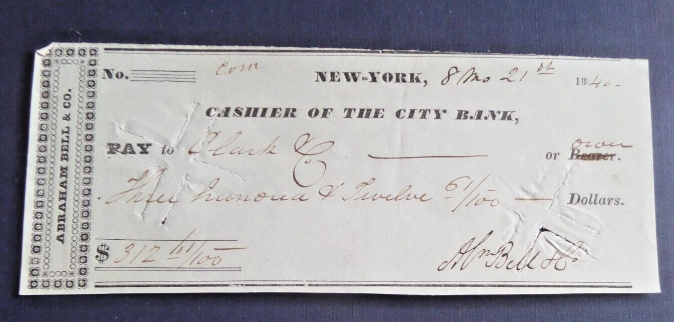 1840 Cashier of the City Bank Check Clark & Co.