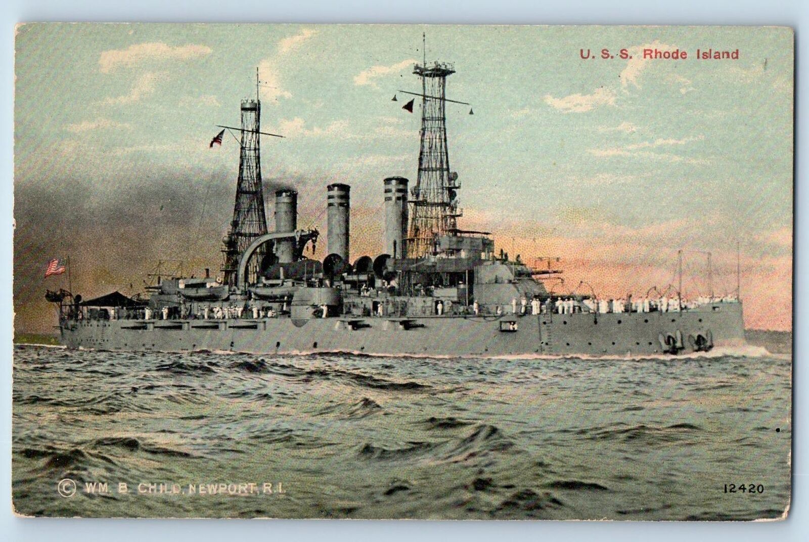 c1910's U.S.S Rhode Island Steam Battleship View New Port Rhode Island Postcard