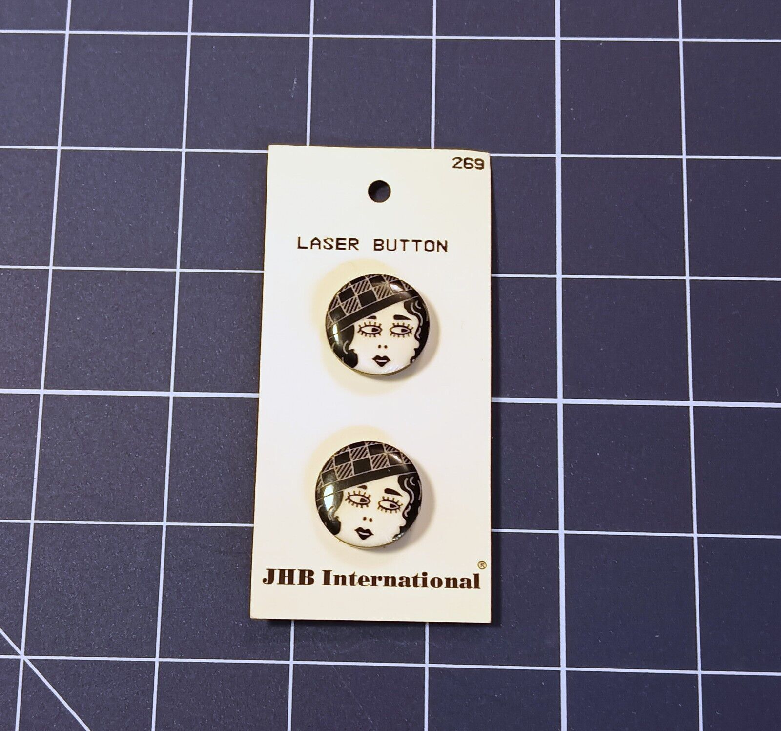 Vintage 1990s Cute Flapper Girl Black and White JHB International Laser Button