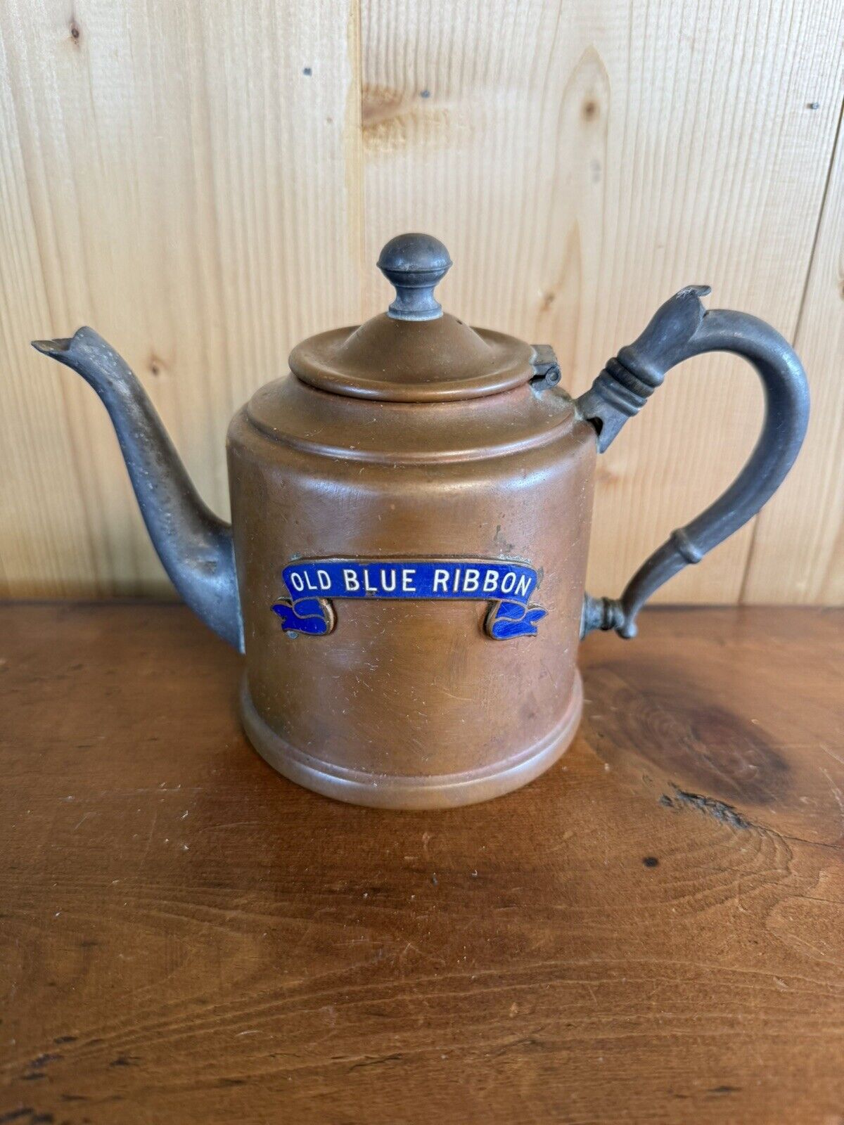 Early Old Blue Ribbon Whiskey Advertising Tea Pot Copper Pewter Eminence Ky