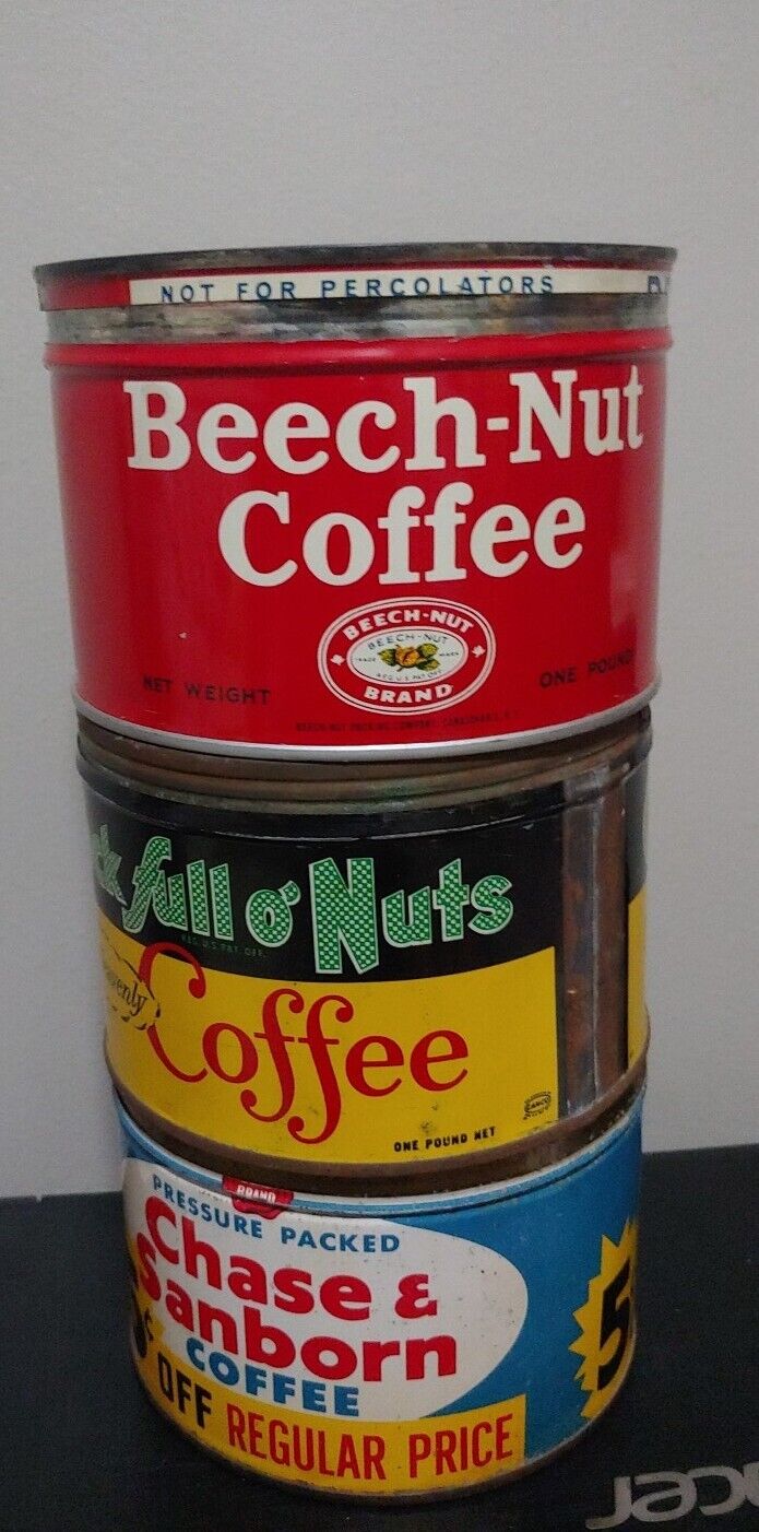 Vintage Beech Nut Coffee Tin With Lid Chock Full O Nuts Tin Chase & Sanborn Tin