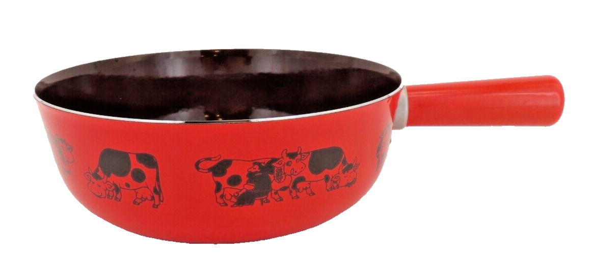 Vintage Swiss Enamel Fondue Pot by Silit Red Black Cows Milkman 2 quarts
