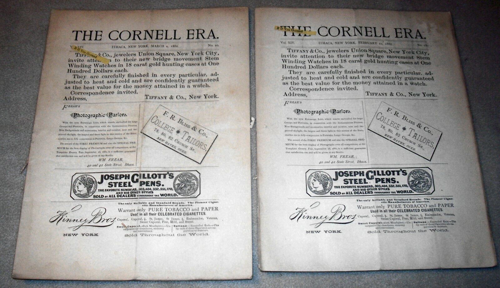 THE CORNELL ERA; CORNELL UNIVERSITY ITHACA NY 2 issues from Feb Mar 1882 