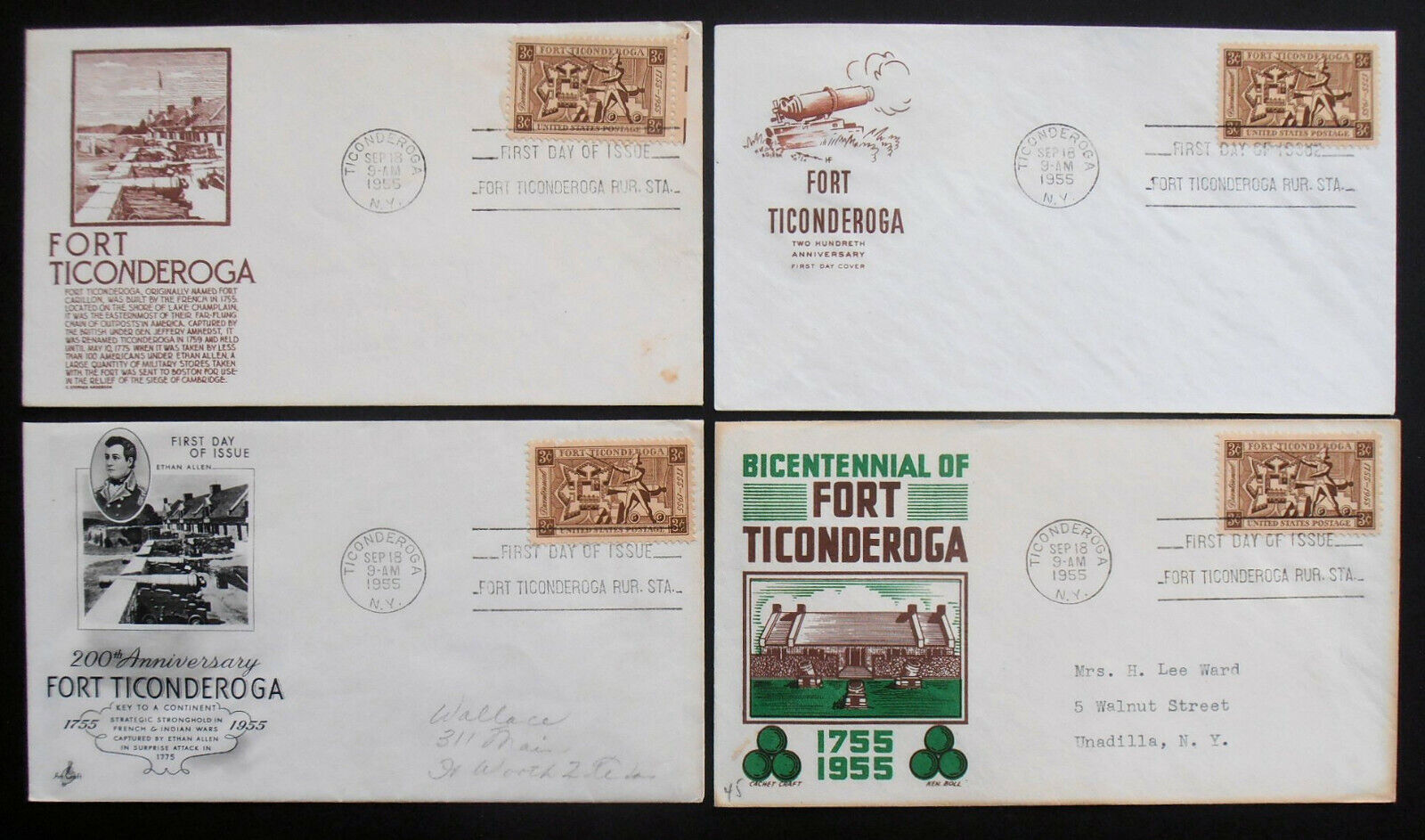 FORT TICONDEROGA NY Set of 4 Different 1955 SOUVENIR FDC CACHET CRAFT COVERS