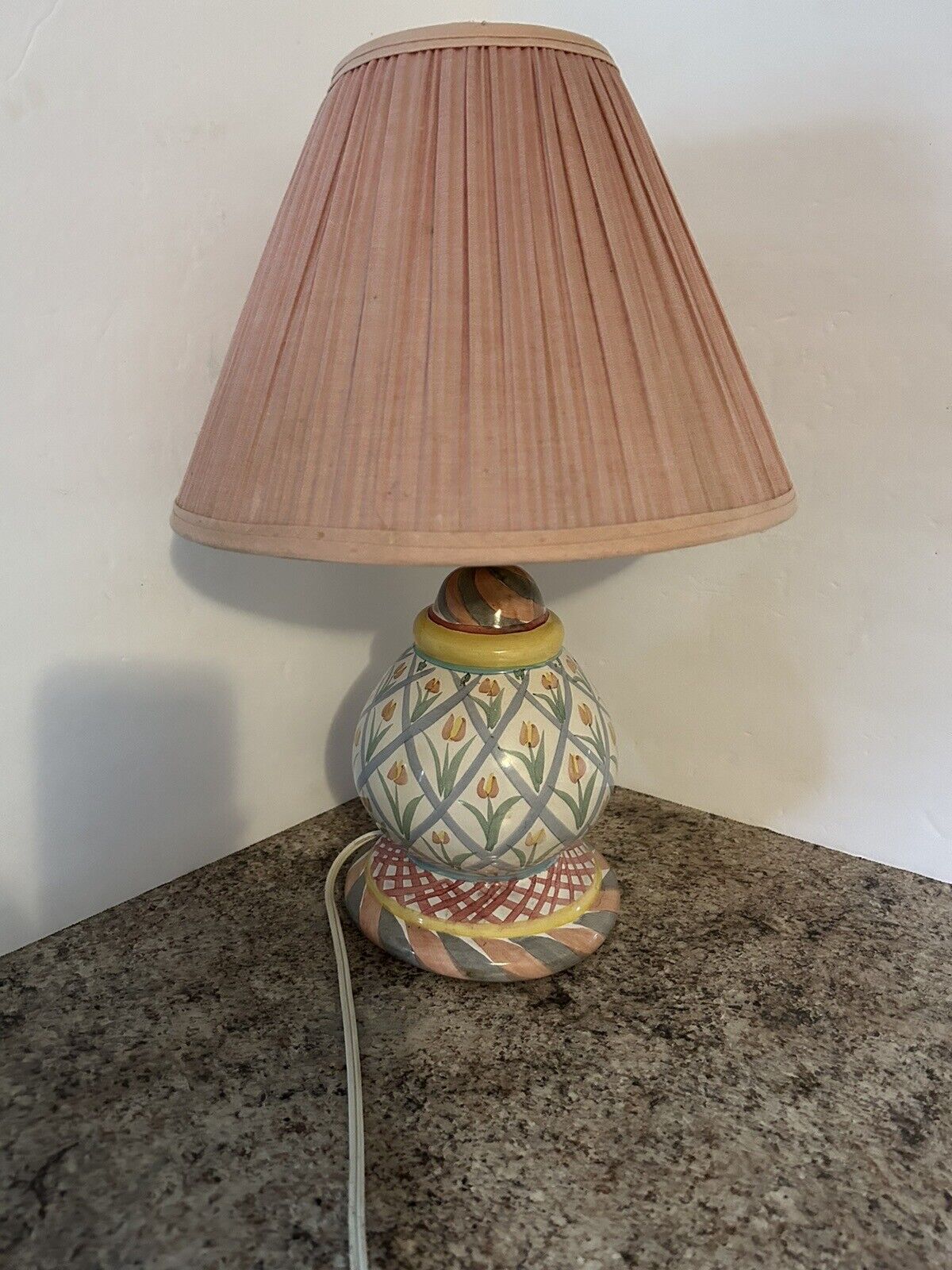 Vtg Mackenzie Childs Lamp Tulips Old Mark 1990’s With Pleated Pink Shade Works 