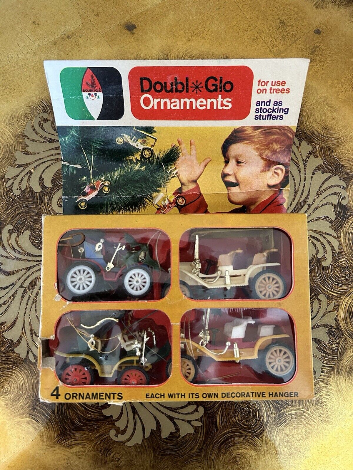 Vintage Doubl Glo Four Piece Classic Car Truck Set Plastic Ornaments w/ Box