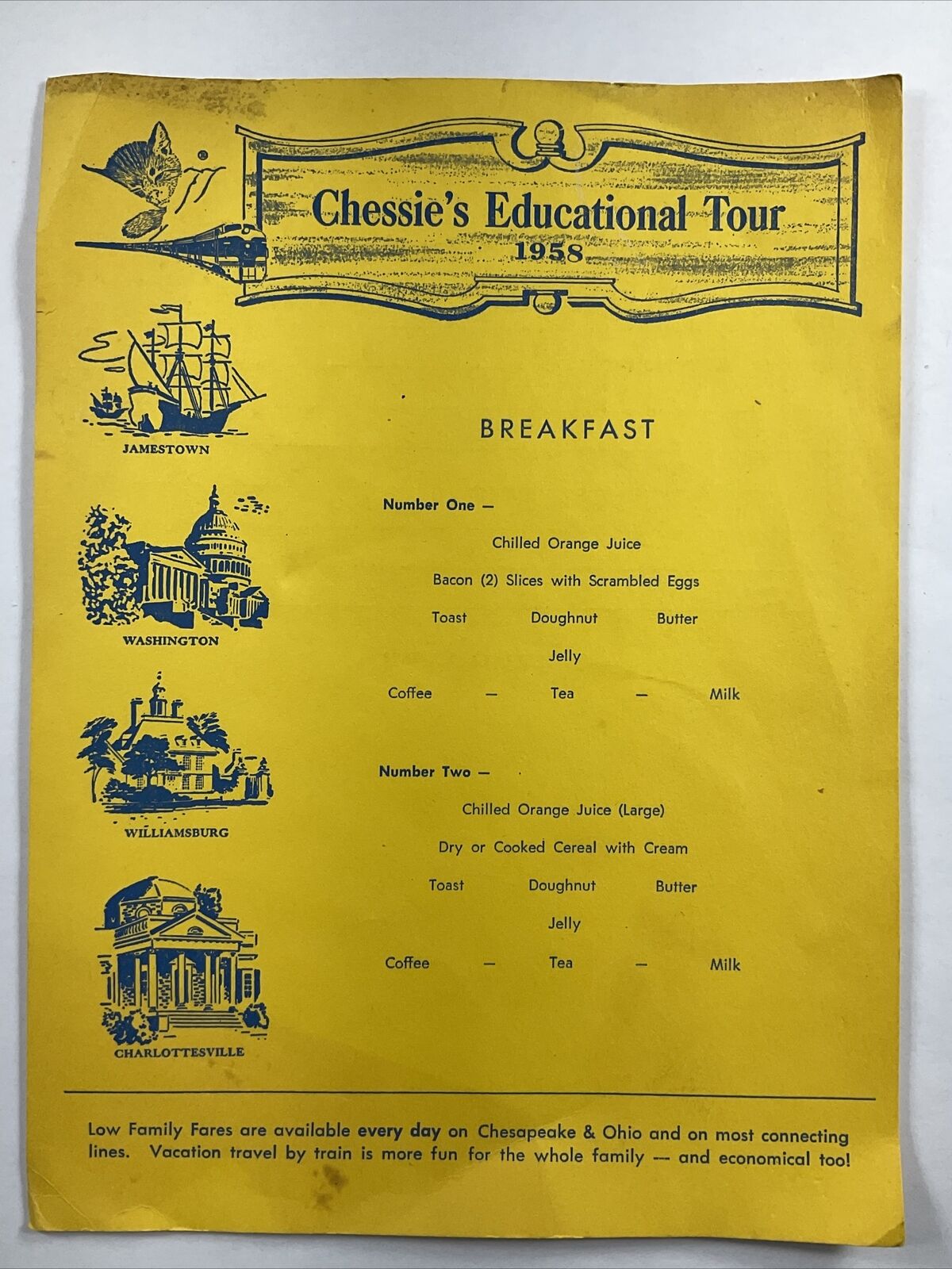1958 Chessie\'s Educational Tour Menu Chesapeake & Ohio C&O Railroad