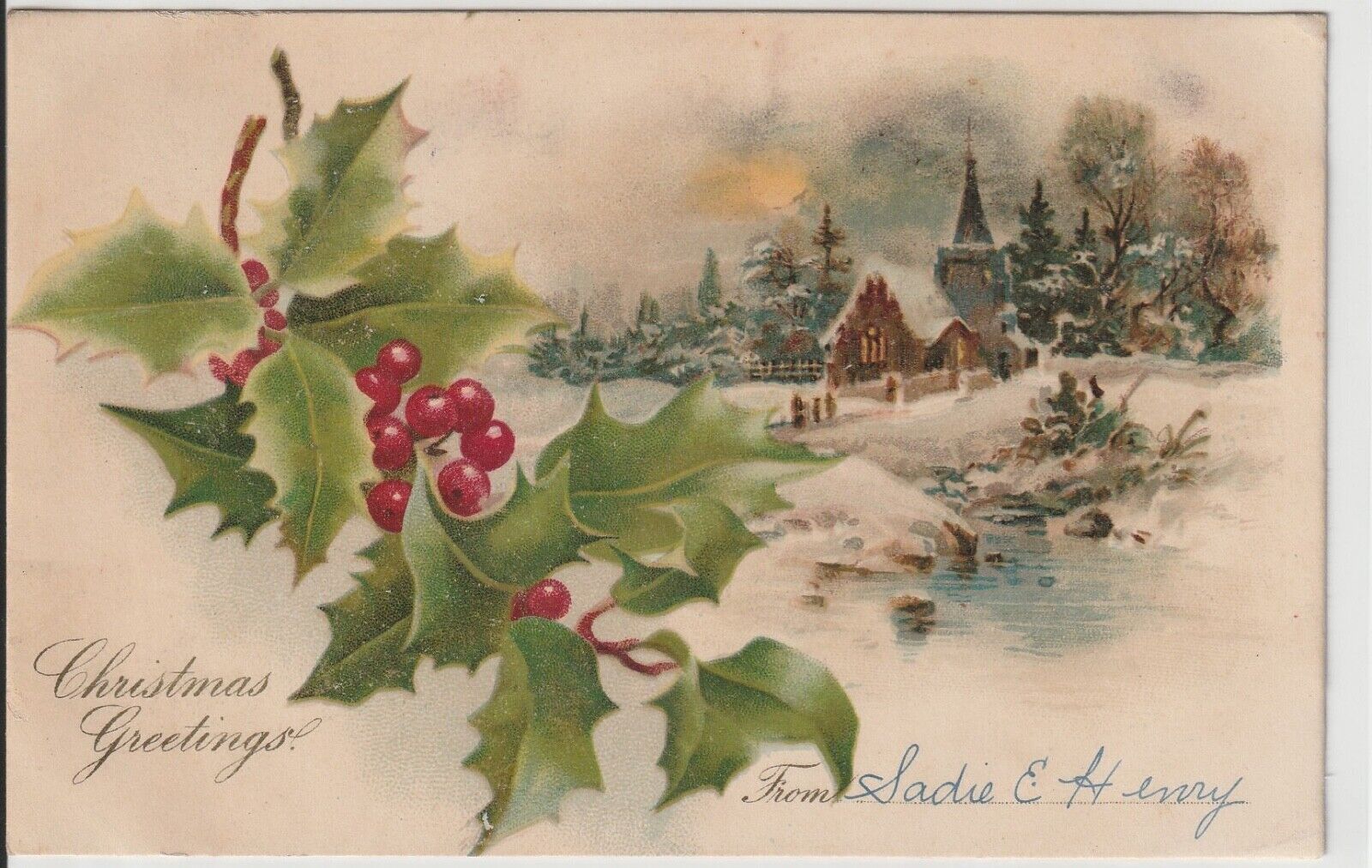 Vintage Christmas Postcard:  Church at Christmas - Circa 1904