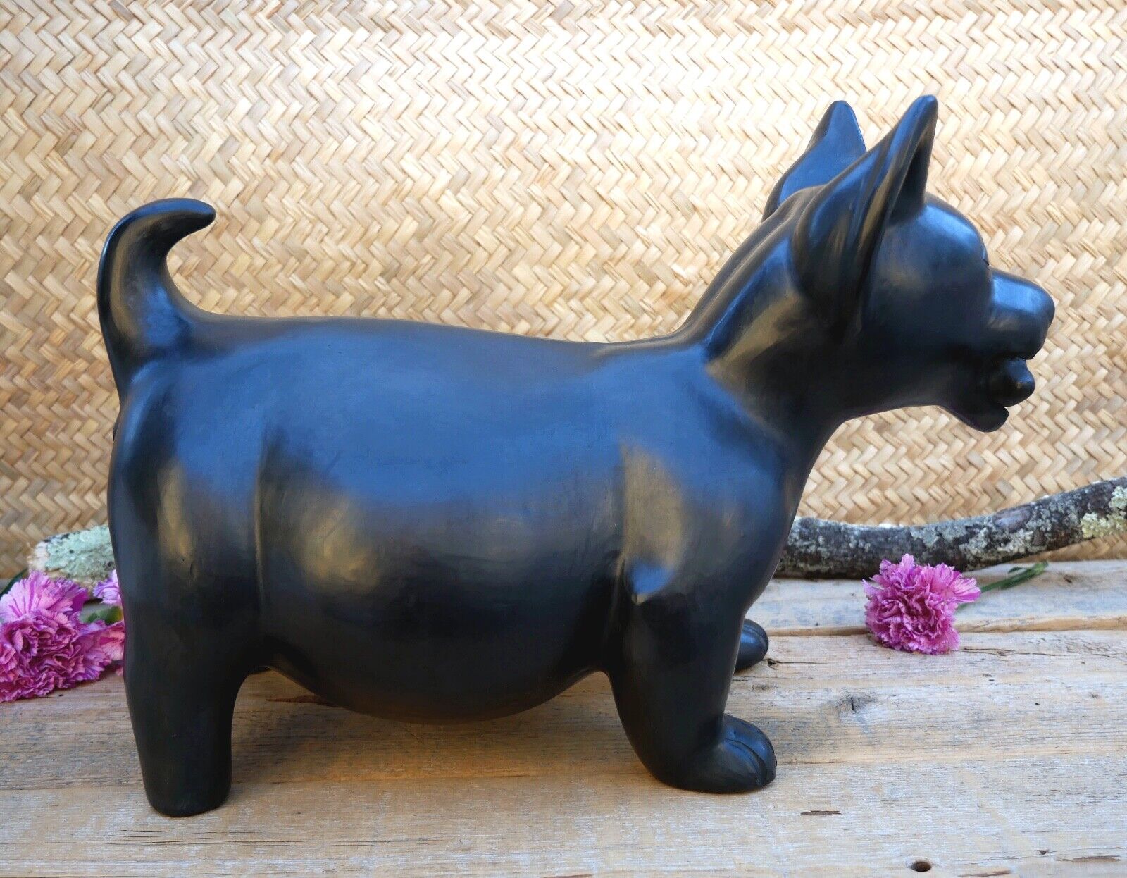 XL Size Colima Dog Xoloitzcuintle Burnished Black Pottery Handmade Oaxaca Mexico